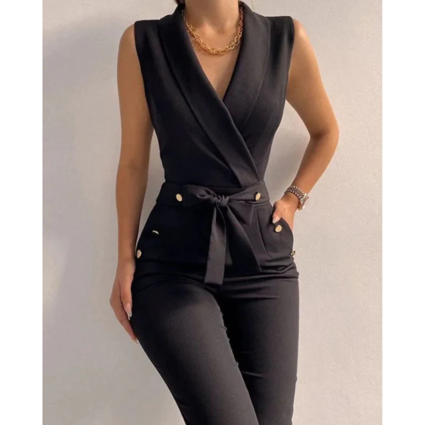 Women's Jumpsuit - Sleeveless V-Neck Wrap - Tie Waist with Button Detail - Straight Leg