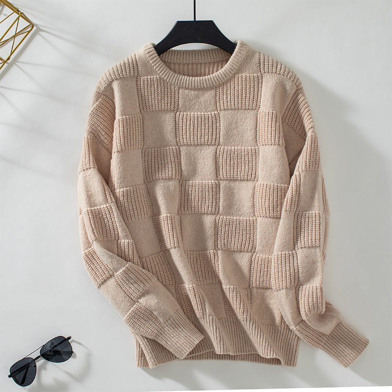 Women's jacquard checked round neck sweater