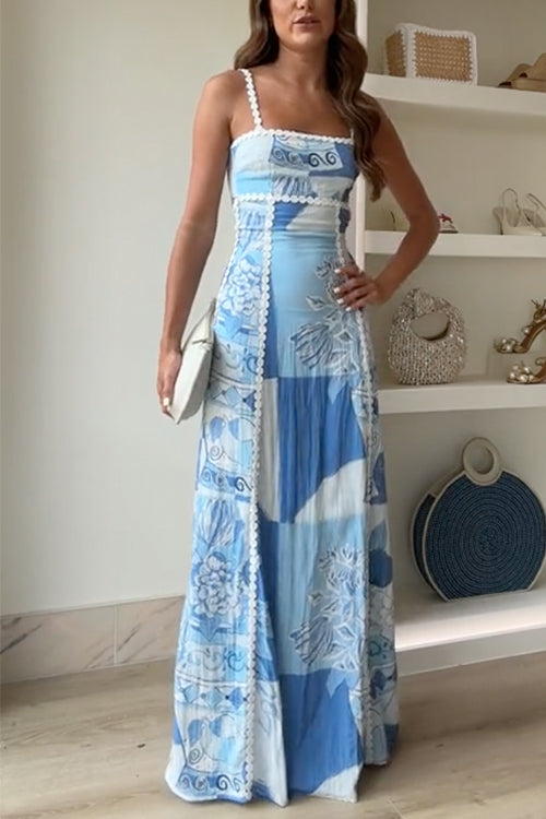Women’s Maxi Dress – Spaghetti Straps – Lace Trim – Bow Back – Patchwork Boho Style