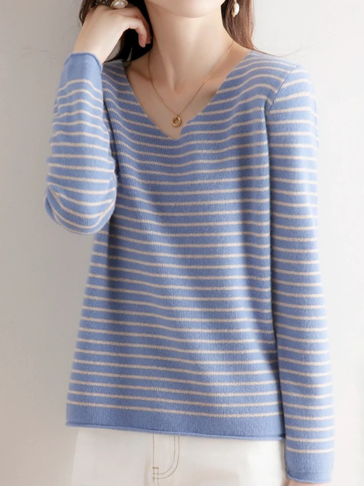 Women's V-Neck Sweater - Soft Knit - Fitted Long Sleeve - Striped Casual Wear