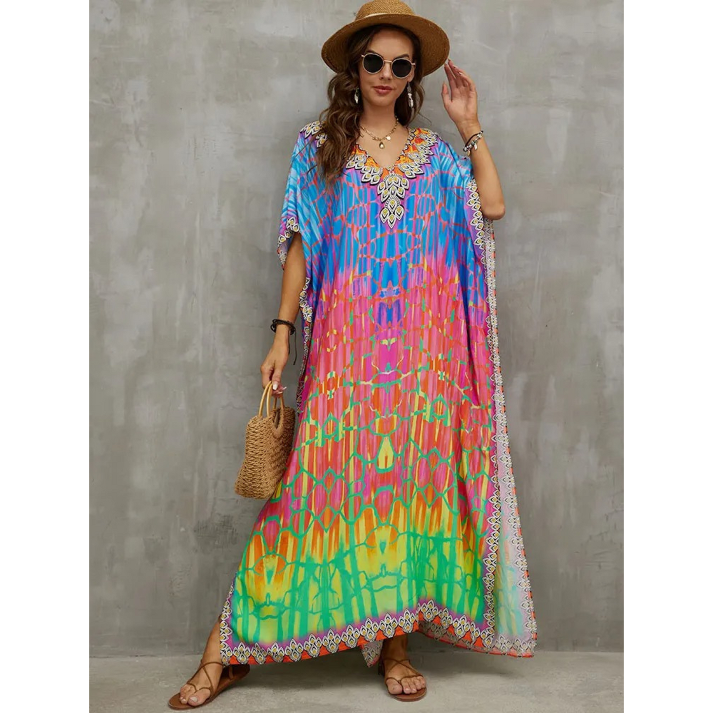 Women's Kaftan - Lightweight Flowy Design - V-Neck Loose Fit Beach Cover-Up