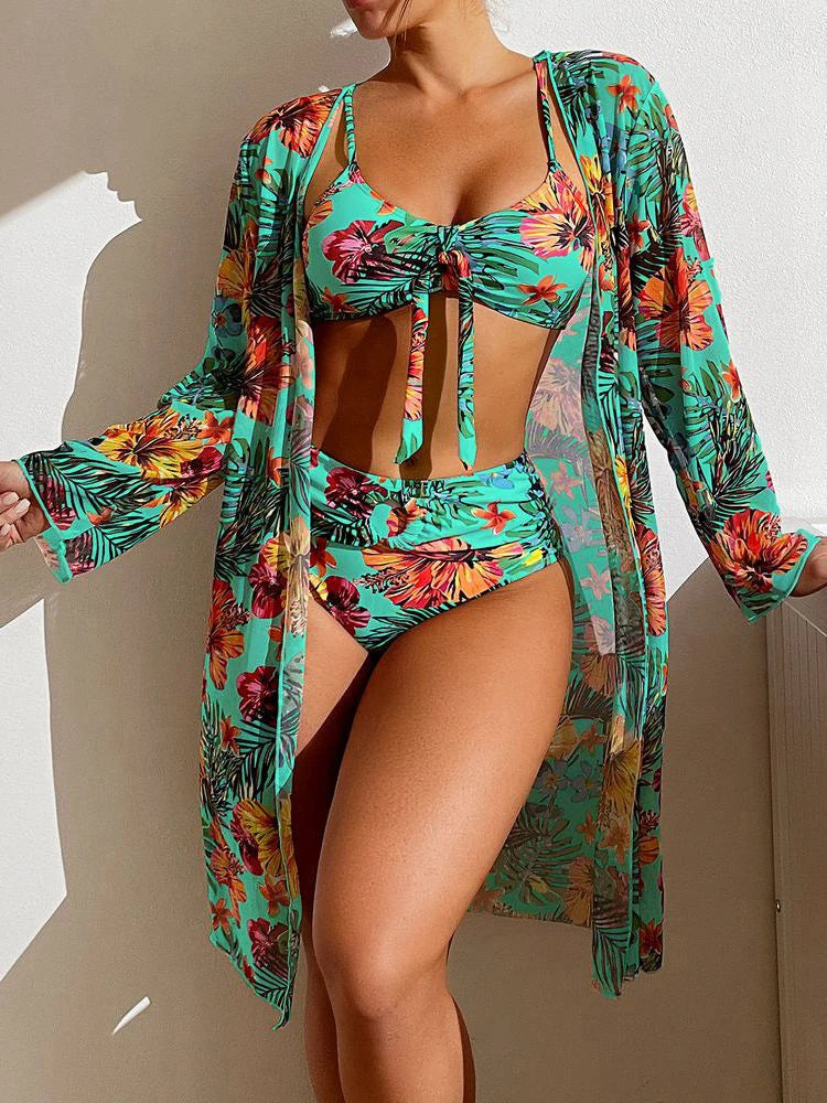 Sheer Three-Piece Bikini Set with Tie Front