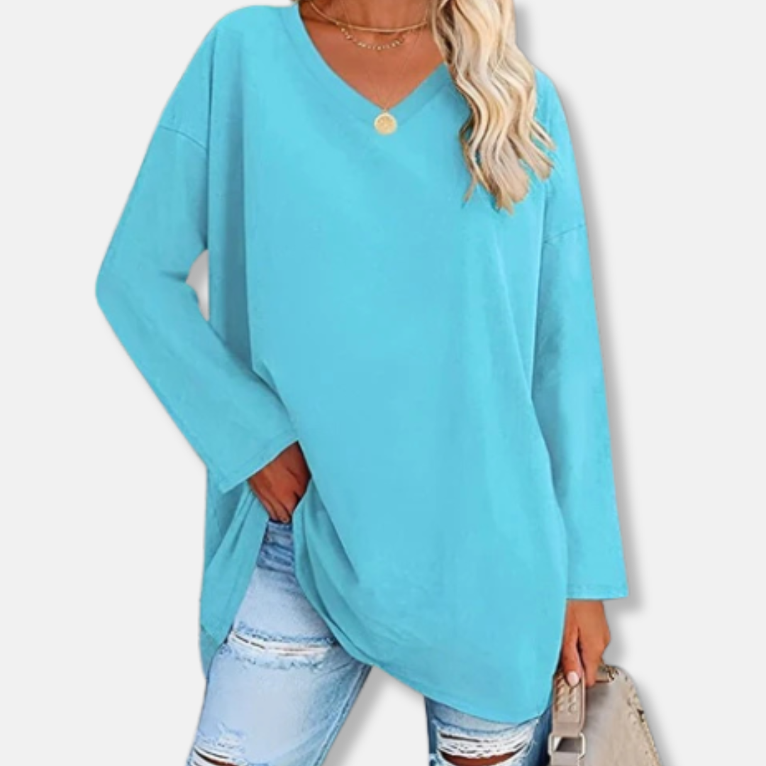 Florence Cotton Oversized V-Neck Tunic Top | Side Slits Curved Hem Tunic Top