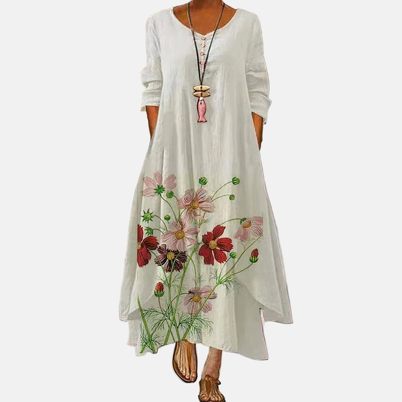 Women's Long-Sleeve Dress - Cotton Blend - Loose Fit - Asymmetrical Hem - Boho Floral