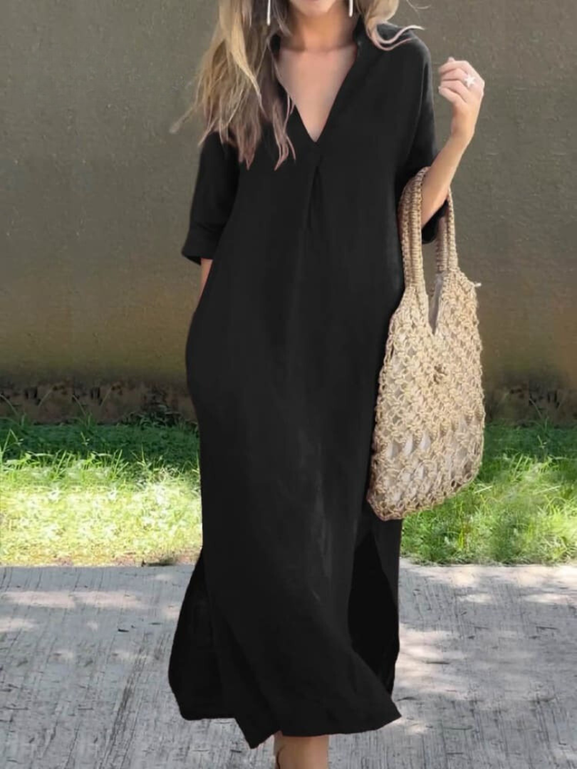 Women’s Maxi Dress – Relaxed Fit – V-Neck – Natural Fibers – Three-Quarter Sleeve
