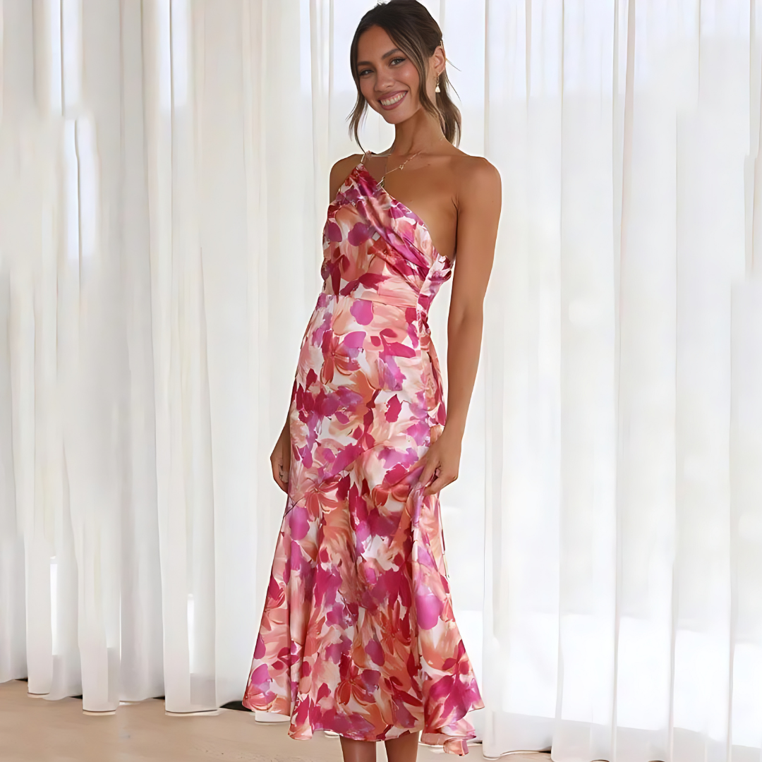 Women's One-Shoulder Dress - Floral Print - Midi Length - Elegant A-Line Fit