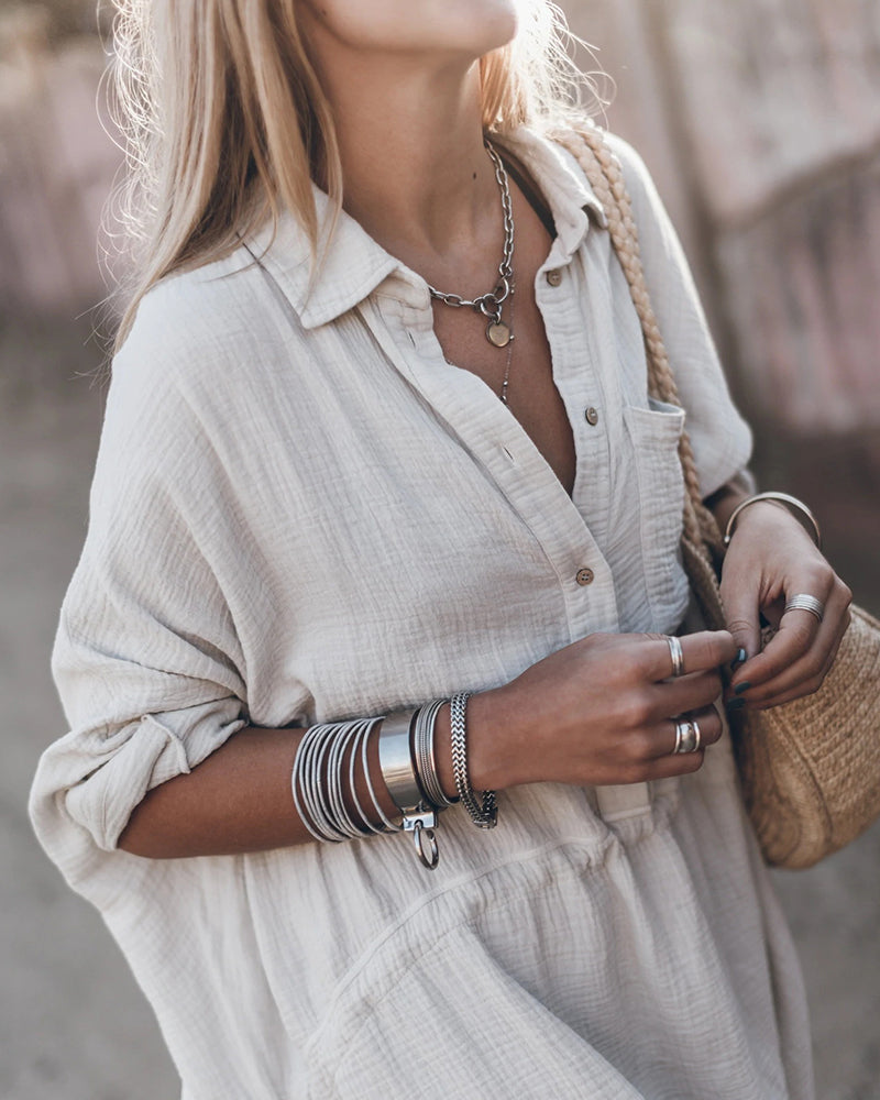 Women's Shirt Dress - Loose Fit - Knee-Length - Long Sleeve Button-Down - Cotton Blend