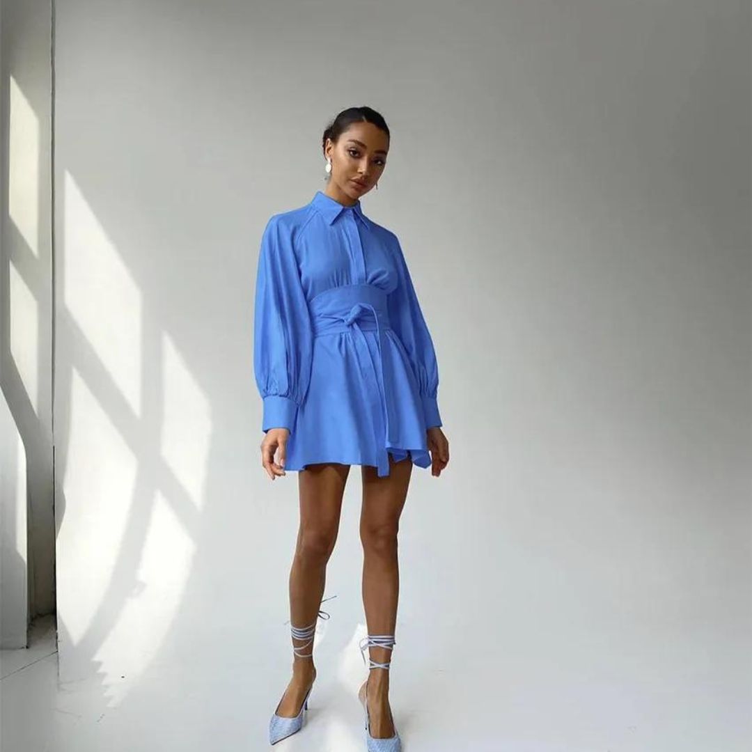 Women's Shirt Dress - Oversized Fit - Long Lantern Sleeves - Lightweight Cotton Blend