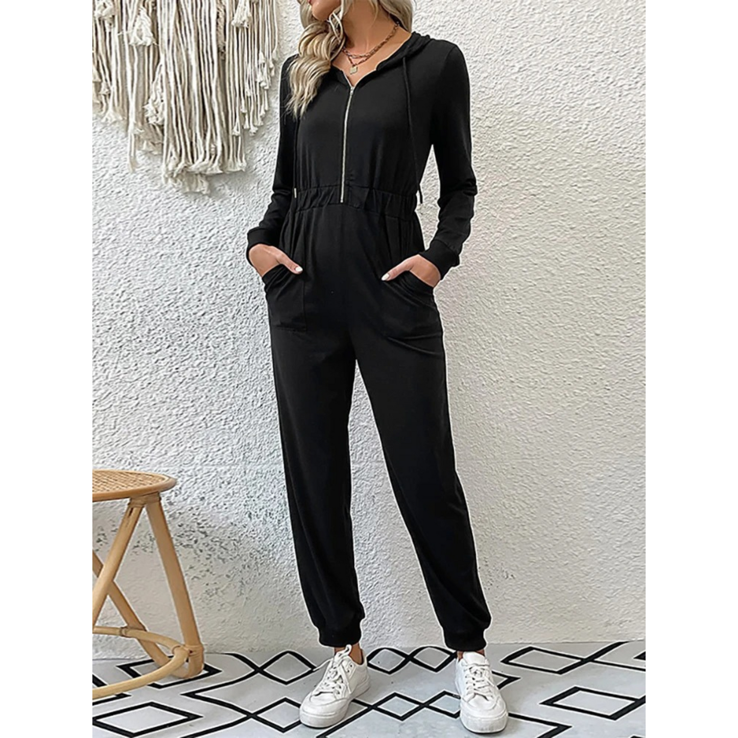 Women's Hooded Jumpsuit - Zip Front - Elastic Waist - Long Sleeve - Tapered Fit