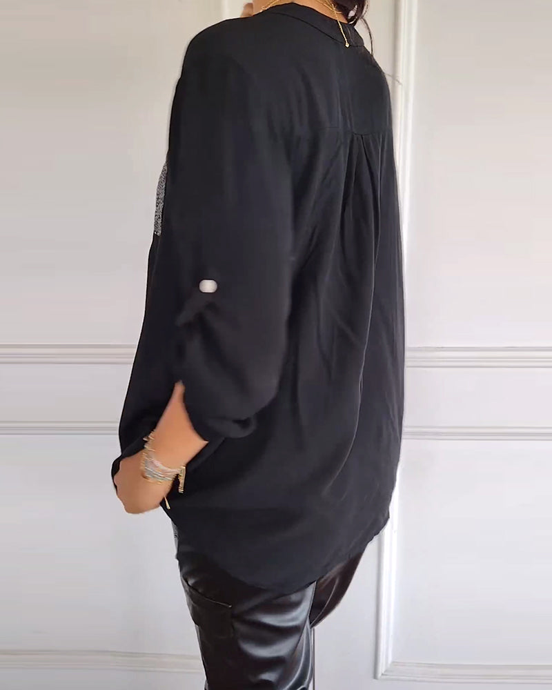Women's Blouse - V-Neck Button Front - Sequin Detail - Rolled Sleeve Casual Fit