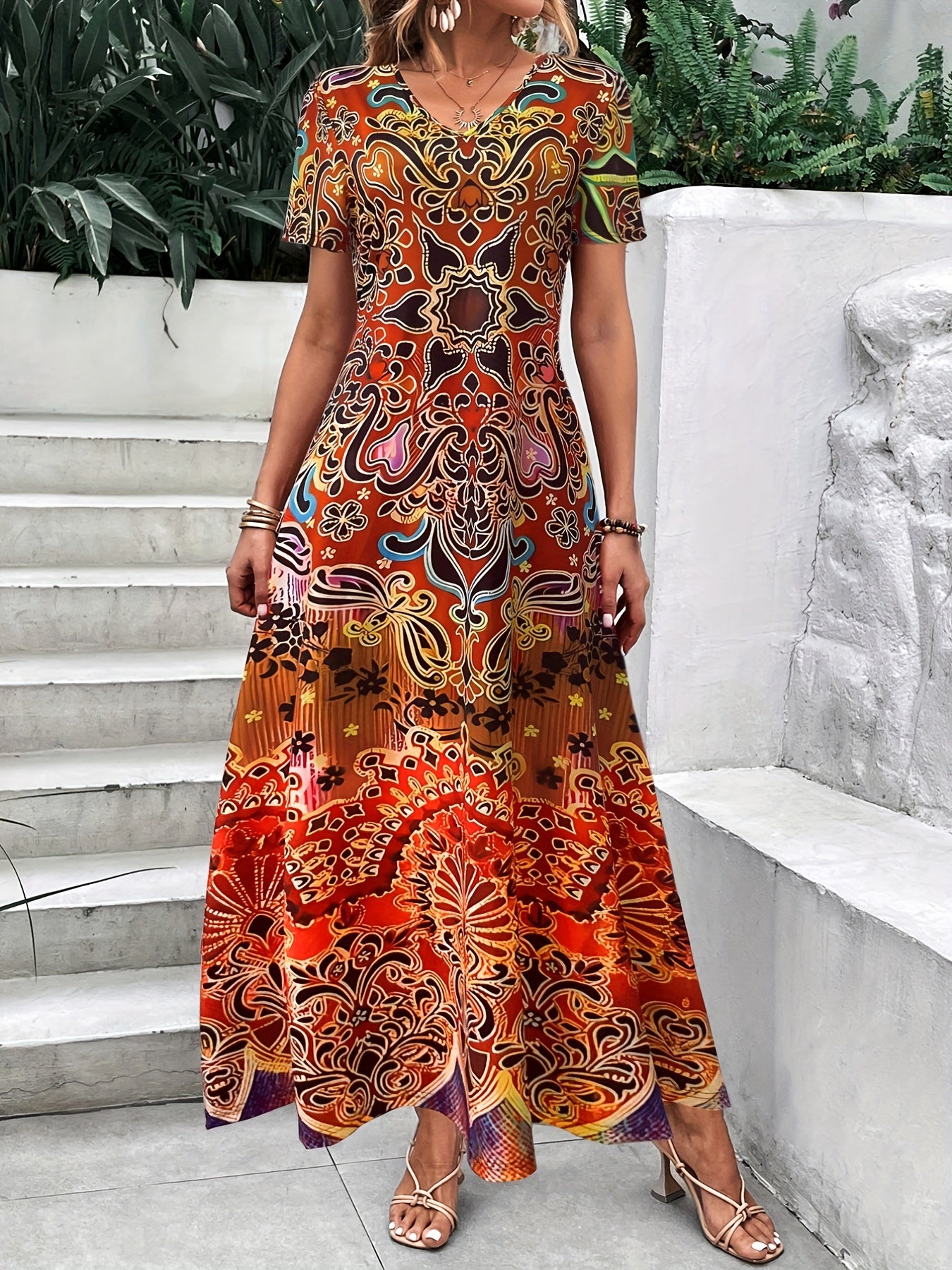 Women's Maxi Dress - V-Neck - Short Sleeve - Bohemian Print - Relaxed Fit