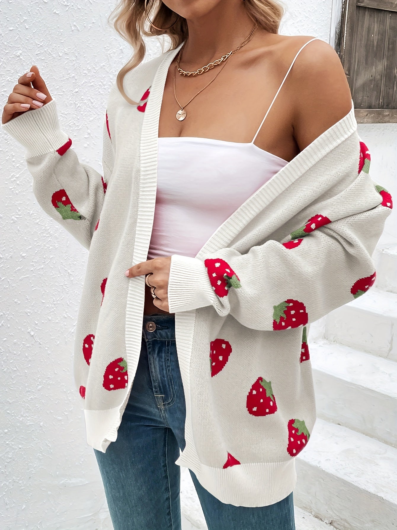 Strawberry print open-front cardigan with long sleeves and ribbed edges for women
