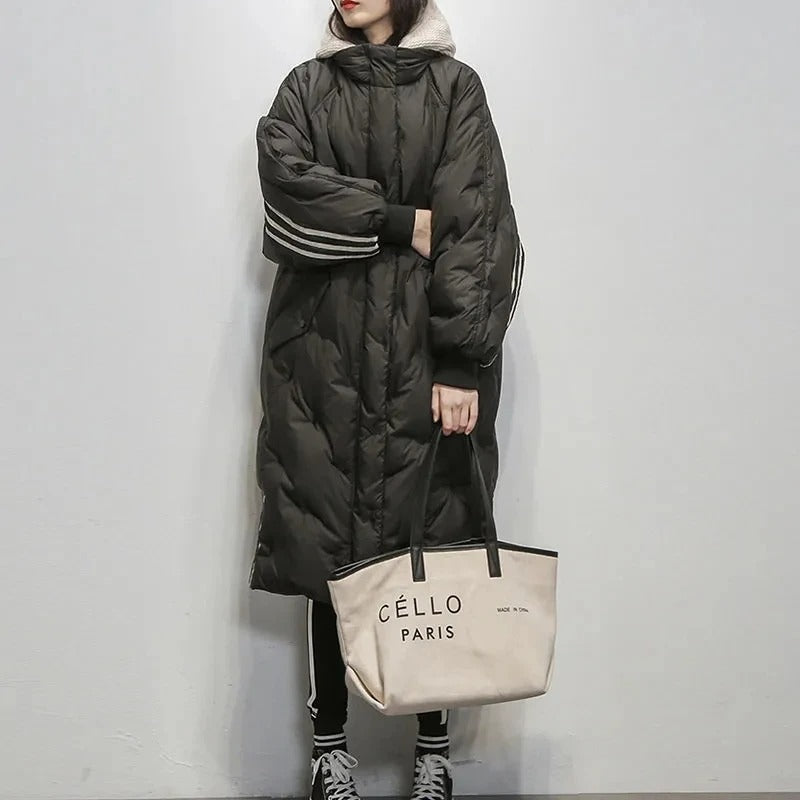 Women's Long Puffer Coat - Hooded Quilted Design - Mid-Calf Length - Down Insulated