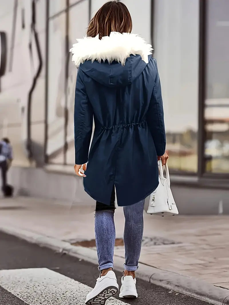 Women's hooded cotton coat with fur collar and waist tie