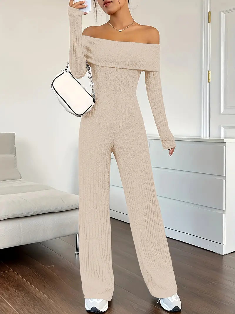 Ribbed Knit Off-Shoulder Wide-Leg Jumpsuit