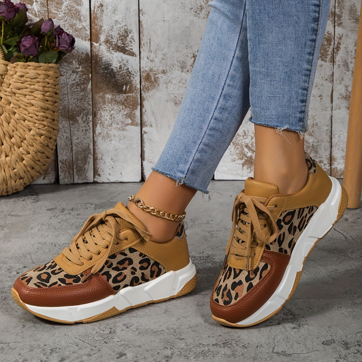 Women's Sneakers - Chunky Sole - Lace-Up - Faux Leather & Fabric - Animal Print