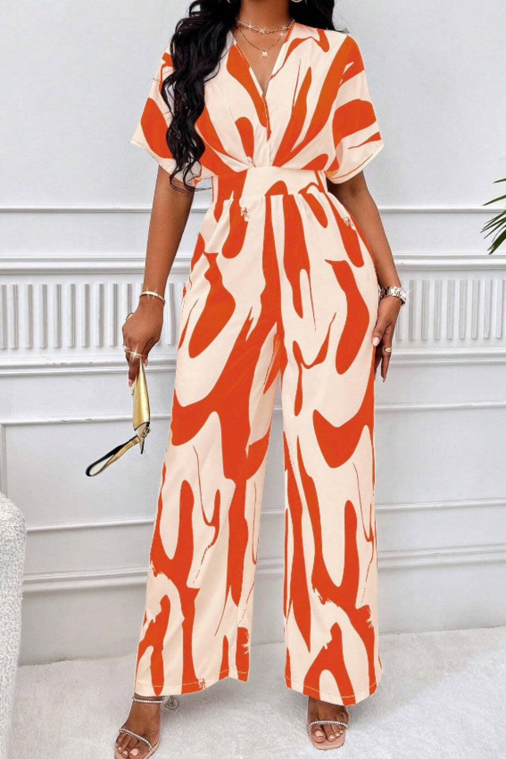 Women's Jumpsuit - V-Neck - Short Sleeve - Wide Leg - Cinched Waist - Lightweight