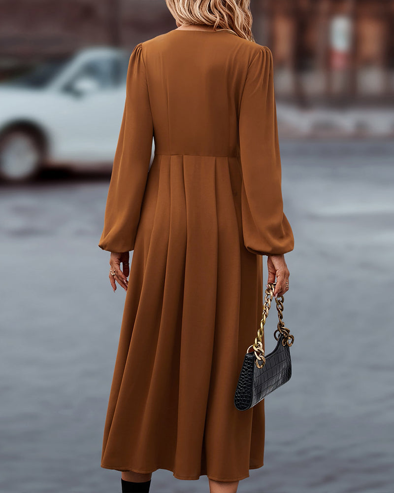 Women's Midi Dress - A-Line Silhouette - V-Neck - Long Puff Sleeves - Button Front