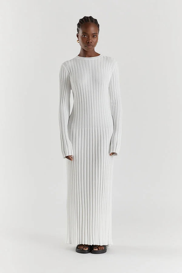 Women's Knit Dress - Ribbed Stretch Fabric - Long Sleeve - Elegant Full-Length Fit