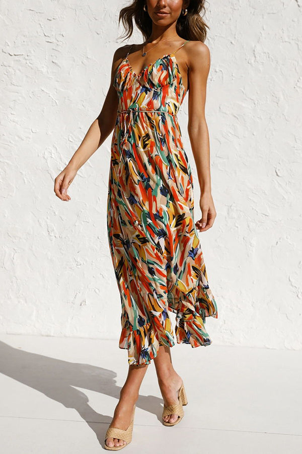 Women's Maxi Dress - Abstract Print - Plunging V-Neck - Spaghetti Straps - Flowing Fit