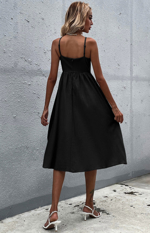 Women's A-Line Midi Dress - Sleeveless Spaghetti Strap - Button-Down Flared Fit