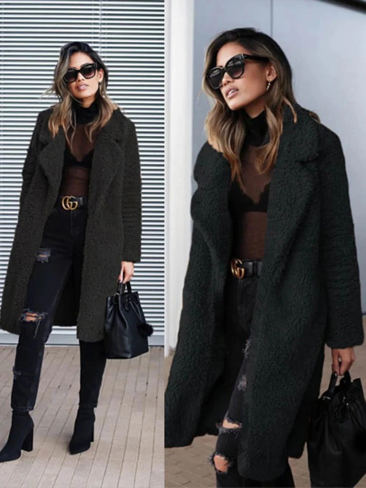 Women's lapel plush open front coat