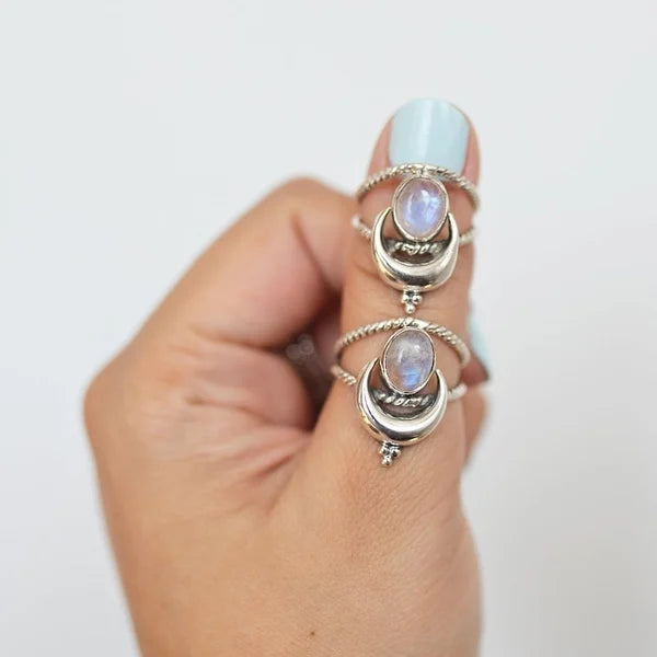 Oval Moon Phase Rainbow Moonstone Ring