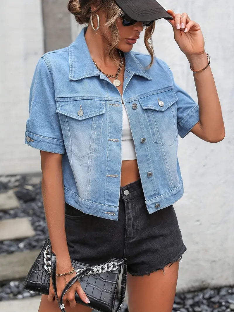 Women’s Denim Jacket - Cropped Fit - Short Sleeve - Button Front - Chest Flap Pockets