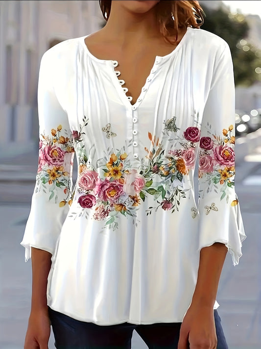 Scalloped Trim A-Line Fit V-Neck Blouse