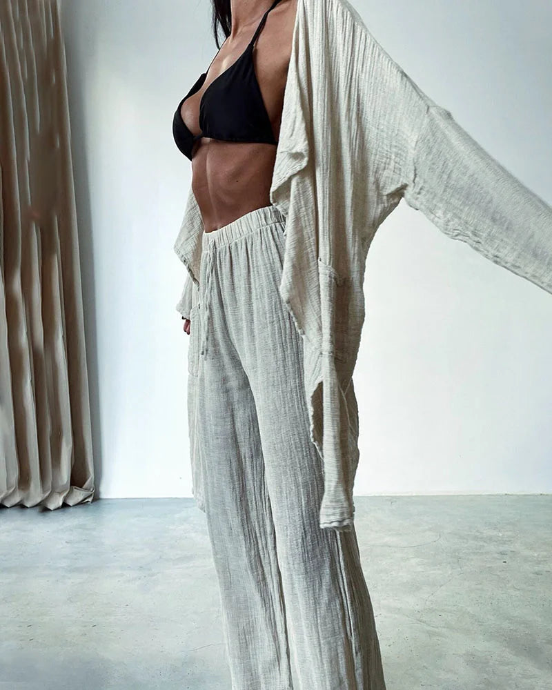Women's Lounge Set - Lightweight Linen Blend - Open-Front Cardigan & Wide-Leg Pants