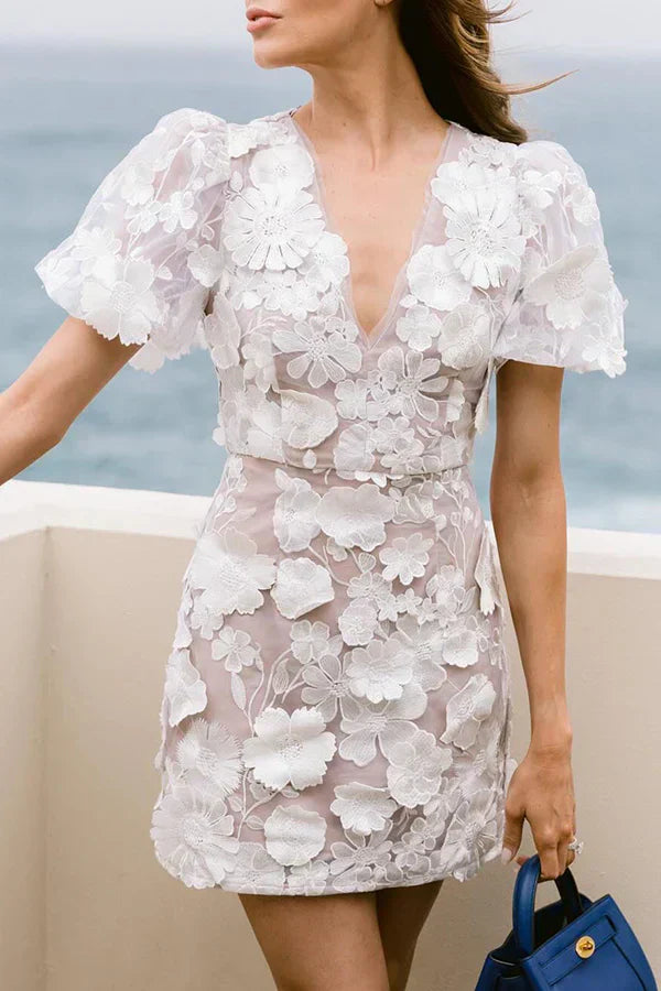 Women’s Mini Dress – Fitted Silhouette – Puff Sleeves – Deep V-Neck – Floral Embroidery