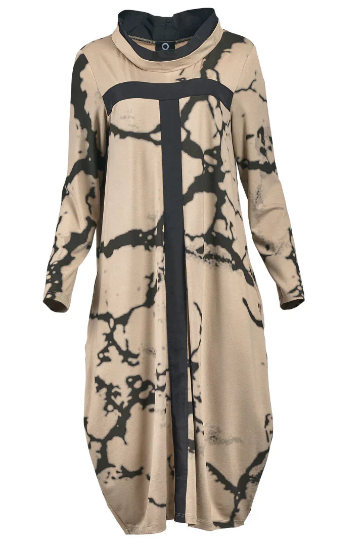 Women's abstract colorblock stand collar long sleeve dress