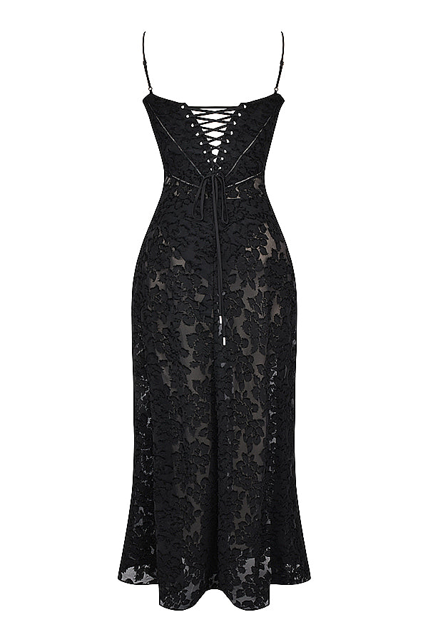 Women's Evening Gown - Floral Sheer Overlay - Spaghetti Straps - Sweetheart Neckline
