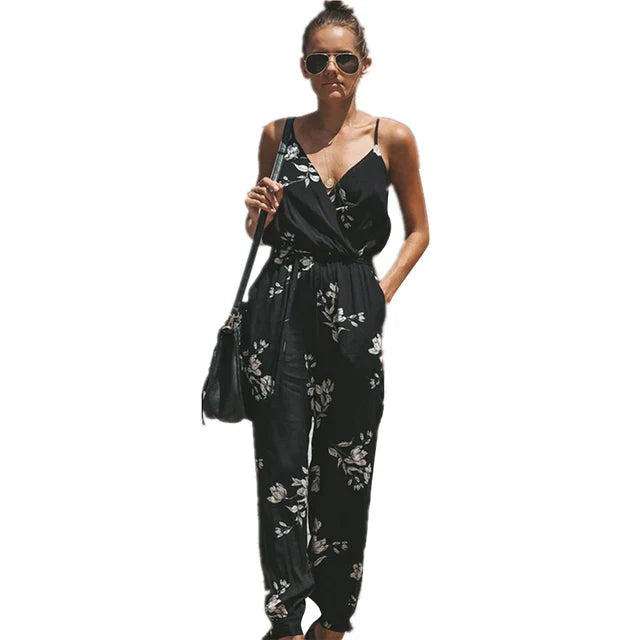 Women's Jumpsuit - V-Neck Wrap Front - Spaghetti Straps - Cinched Waist - Tied Ankles