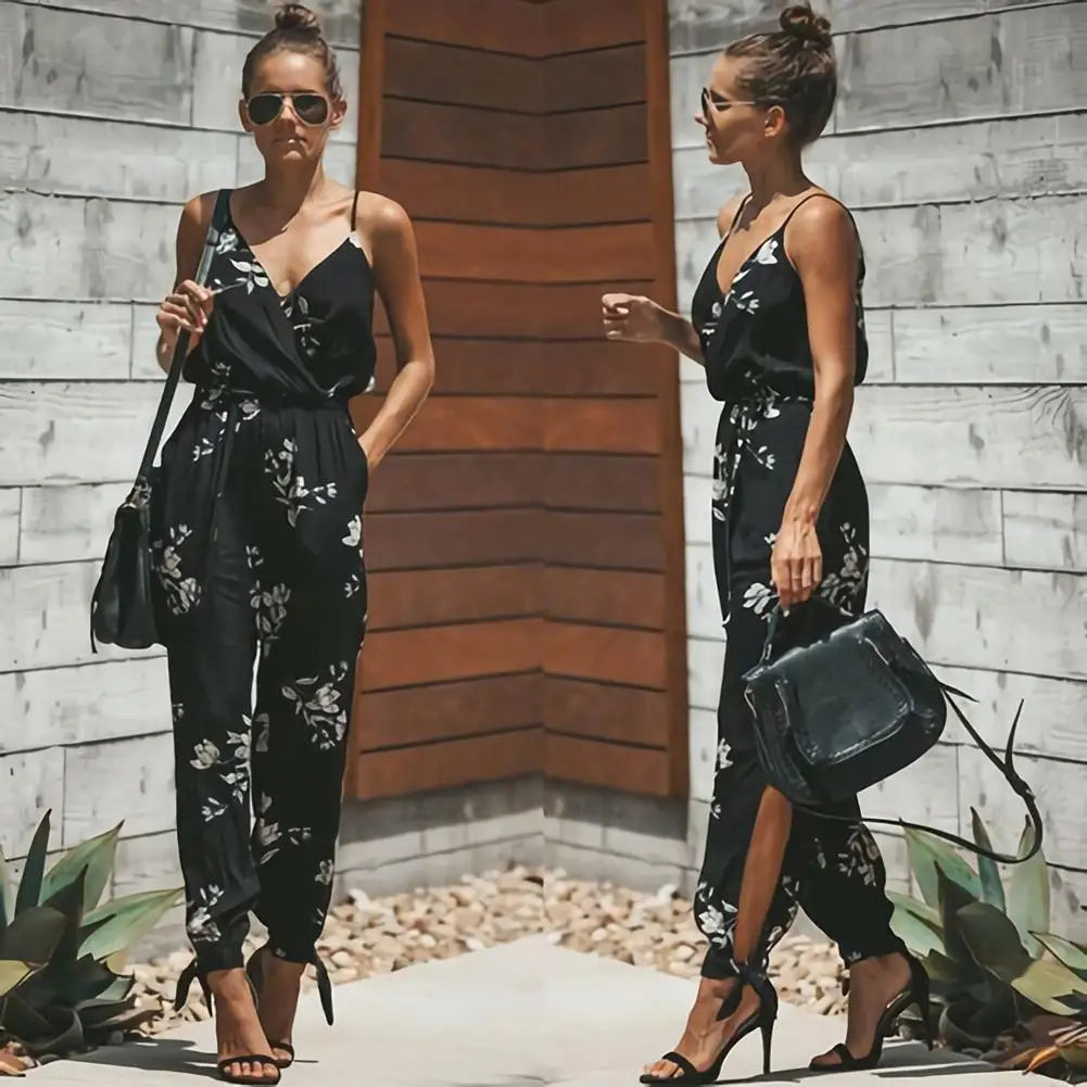 Women's Jumpsuit - V-Neck Wrap Front - Spaghetti Straps - Cinched Waist - Tied Ankles