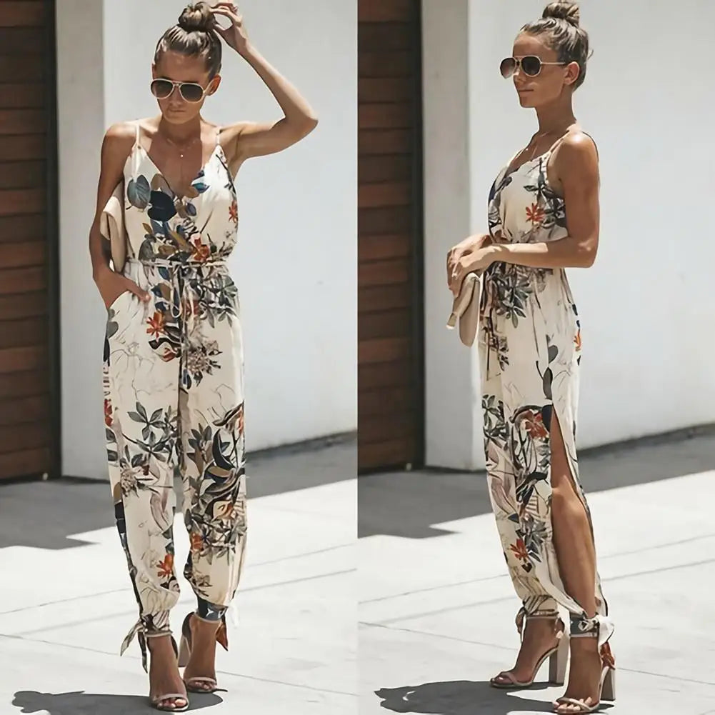 Women's Jumpsuit - V-Neck Wrap Front - Spaghetti Straps - Cinched Waist - Tied Ankles
