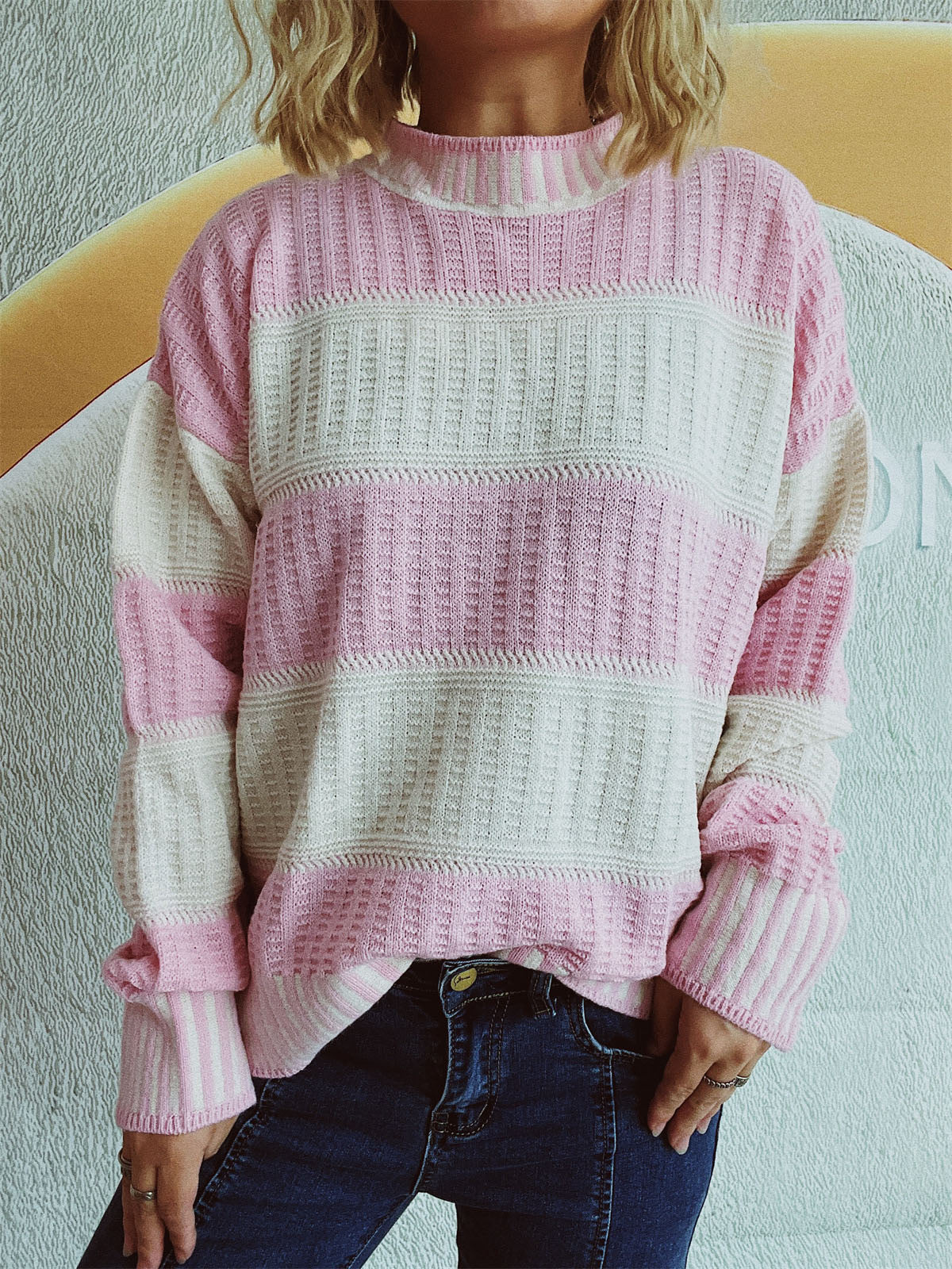 Women's Knitted Sweater - Striped Pattern - Crew Neck - Long Sleeve Relaxed Fit