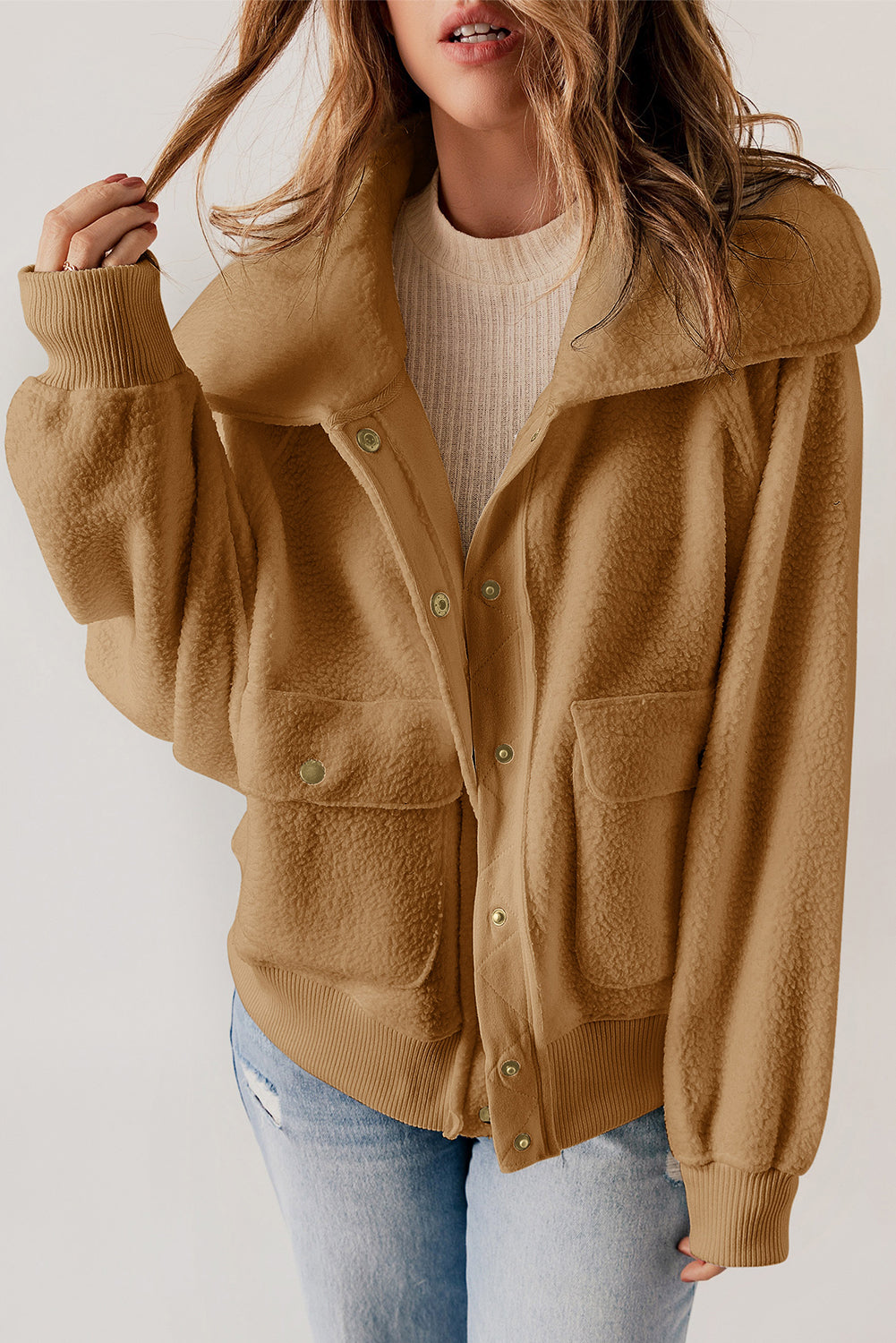 Women's Button-Down Jacket - Textured Fabric - Wide Collar - Ribbed Cuffs & Hem