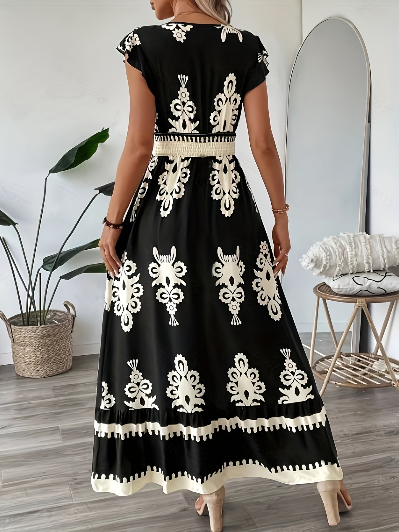 Women's Maxi Dress - V-Neck - Cap Sleeve - Smocked Waist - Flowy Elegant Fit