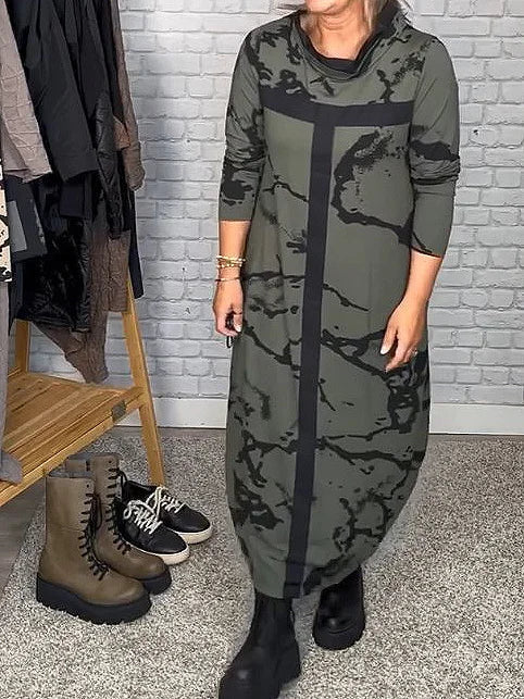 Women's abstract colorblock stand collar long sleeve dress