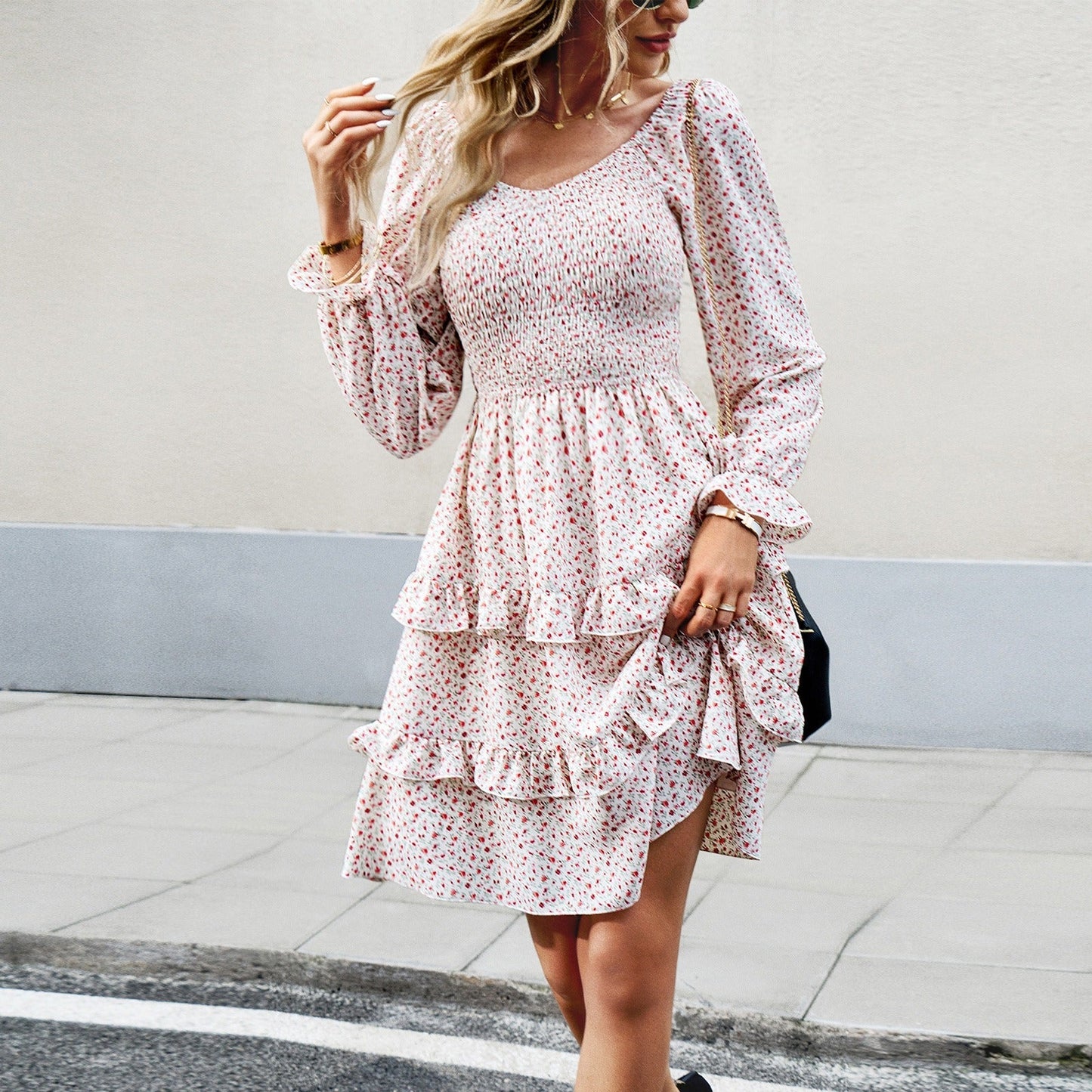 Women's Dress - Smocked Bodice - V-Neck - Long Sleeve Tiered Ruffle Skirt