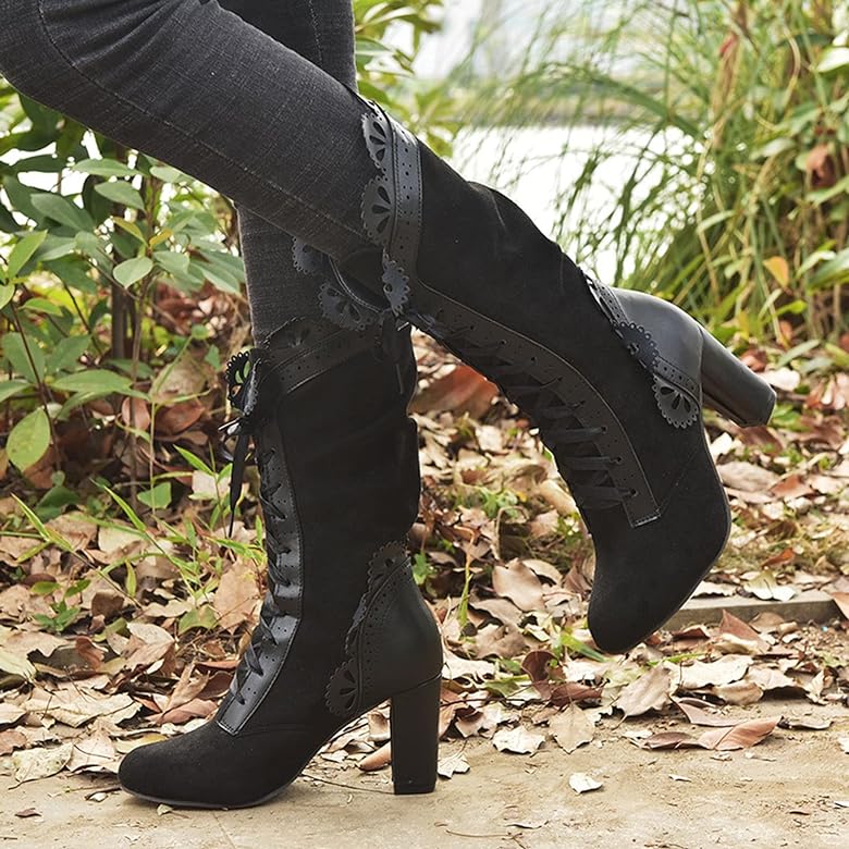 Women's faux leather lace-up block heel boots