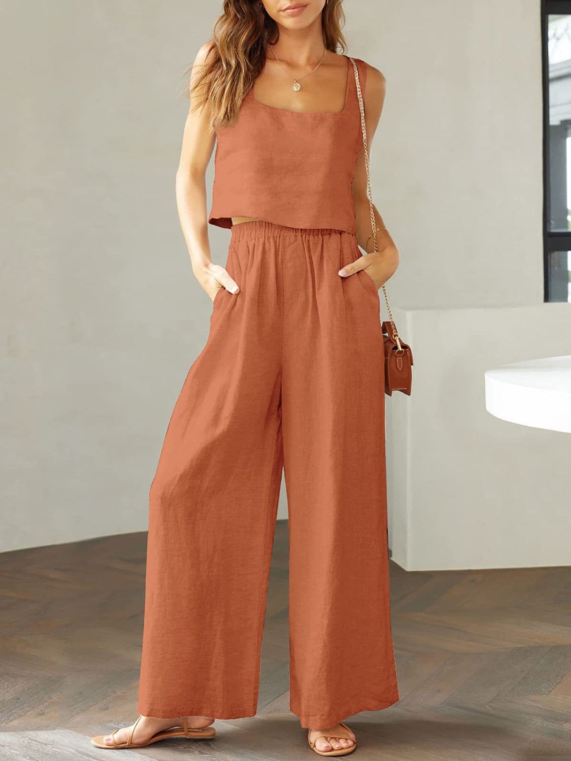 Women's square neck top and wide leg pants set