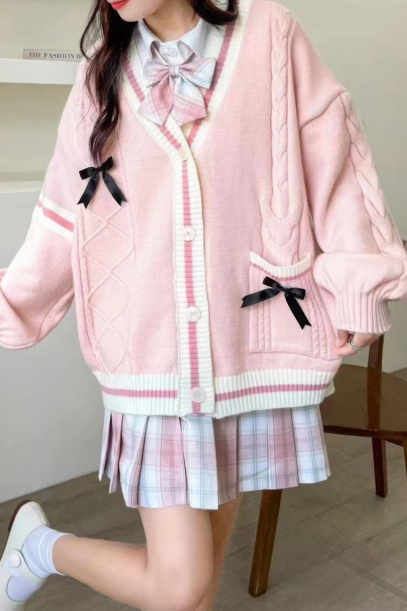 Women’s Cardigan – Relaxed Fit – Soft Knit – Cable Knit – Button Front – Bows