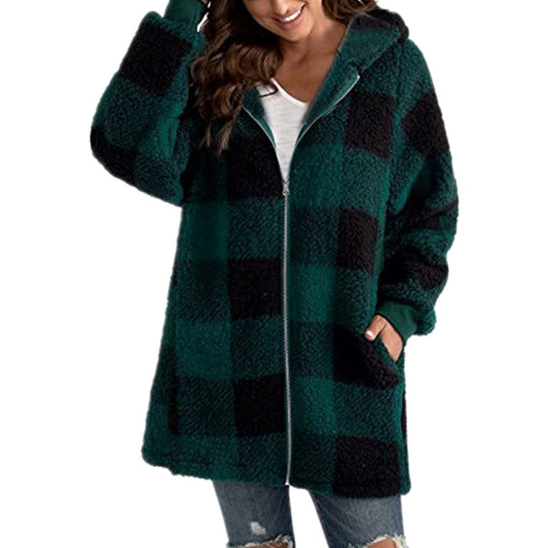 Women's mid-length zip-up hooded plaid jacket
