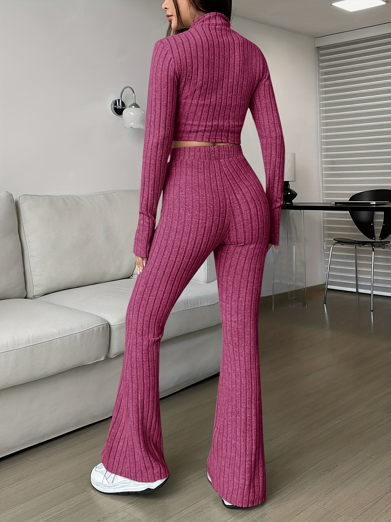 Two-piece ribbed zip-up cropped jacket and flared pants lounge set for women