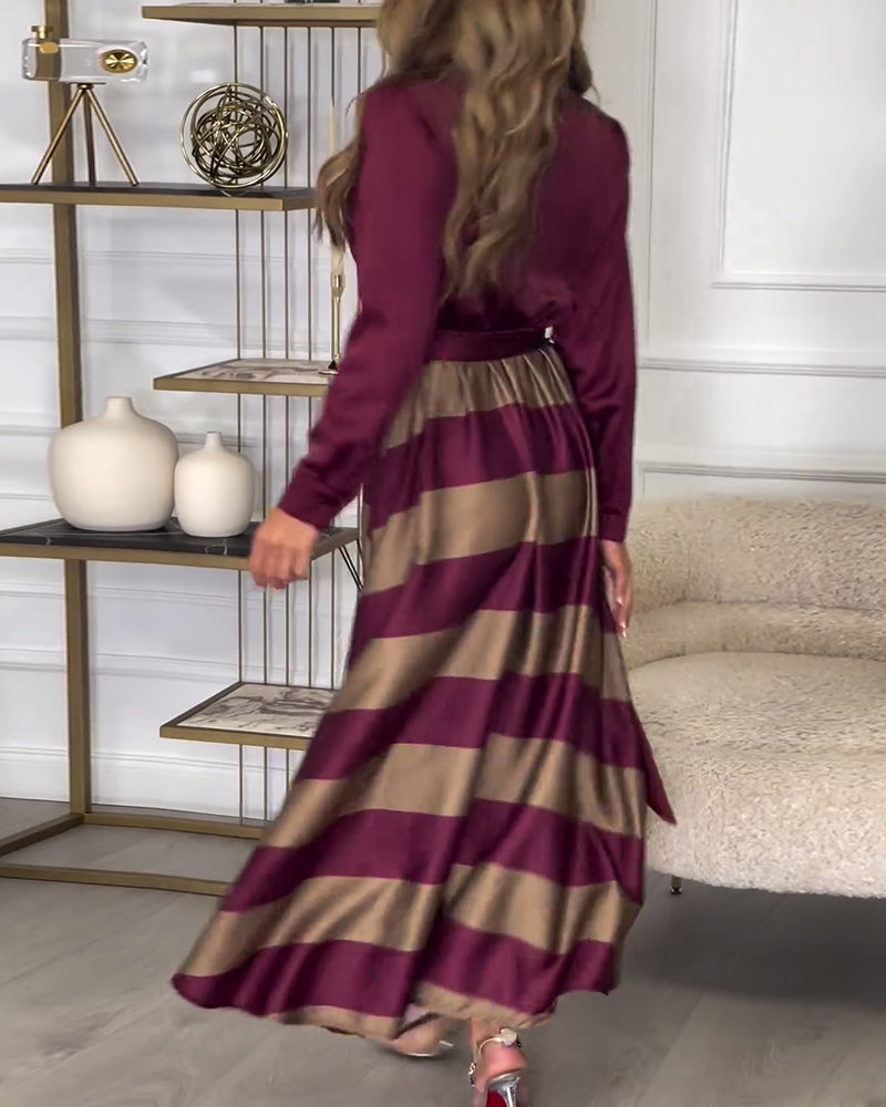 Belted Striped Flowing Button-Up Maxi Dress