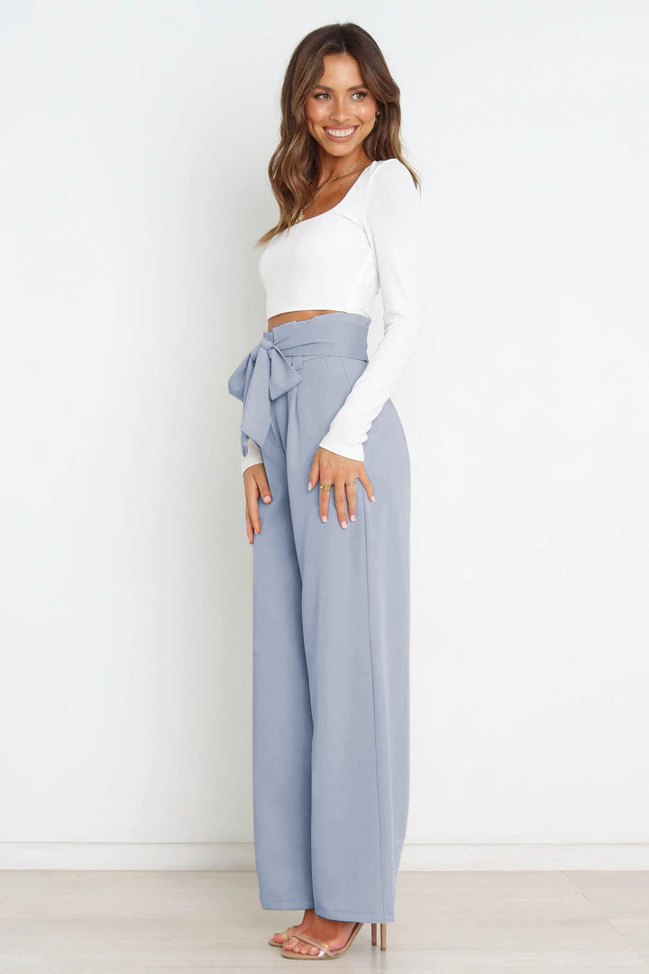Women’s Wide-Leg Trousers – High Waist – Tailored Fit – Bow Waist Detail – Flowy Fabric