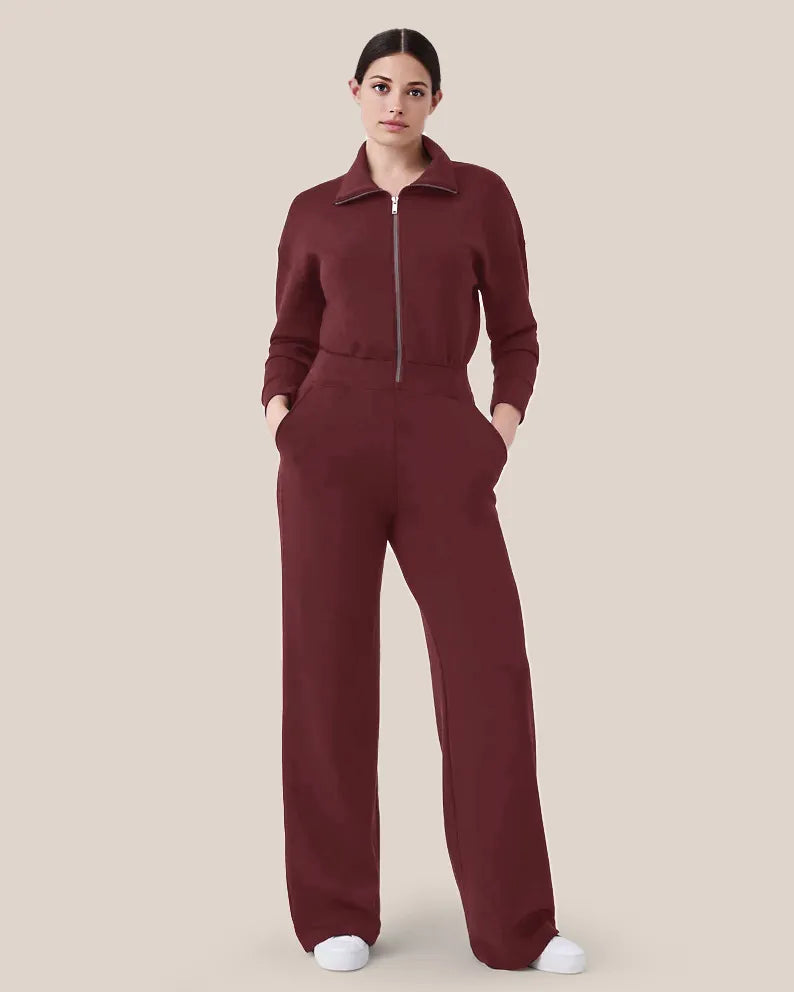 Women's long sleeve wide leg zip-up sweater jumpsuit