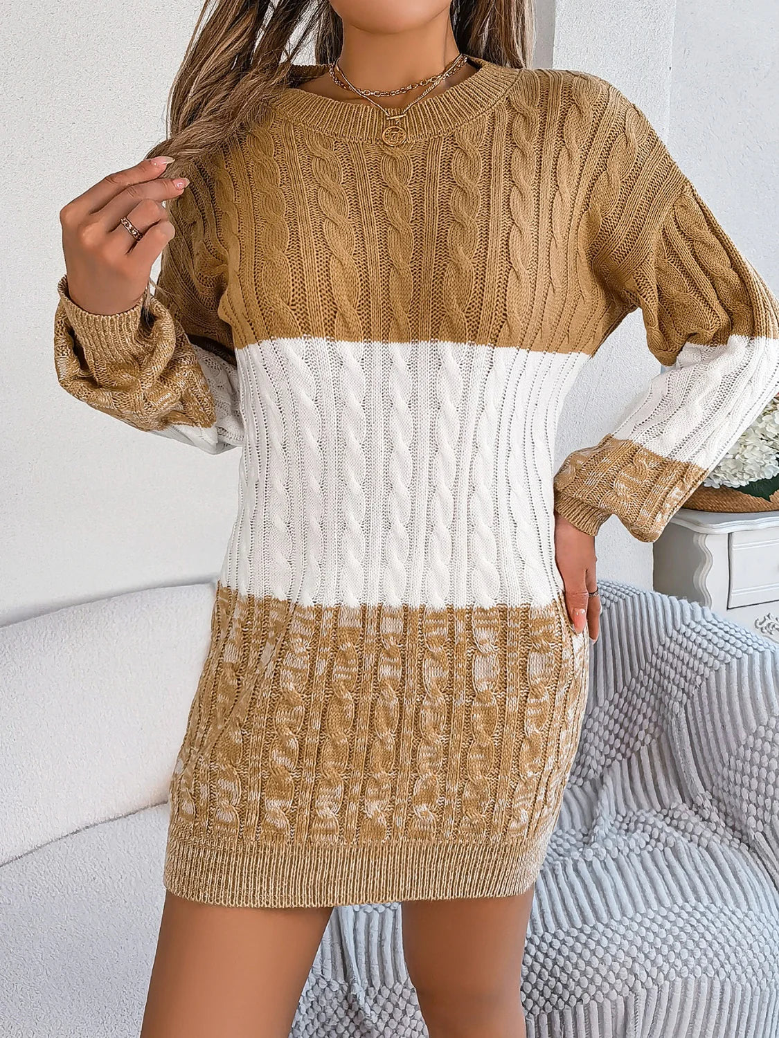 Cable Knit Color Block Relaxed Sweater Dress